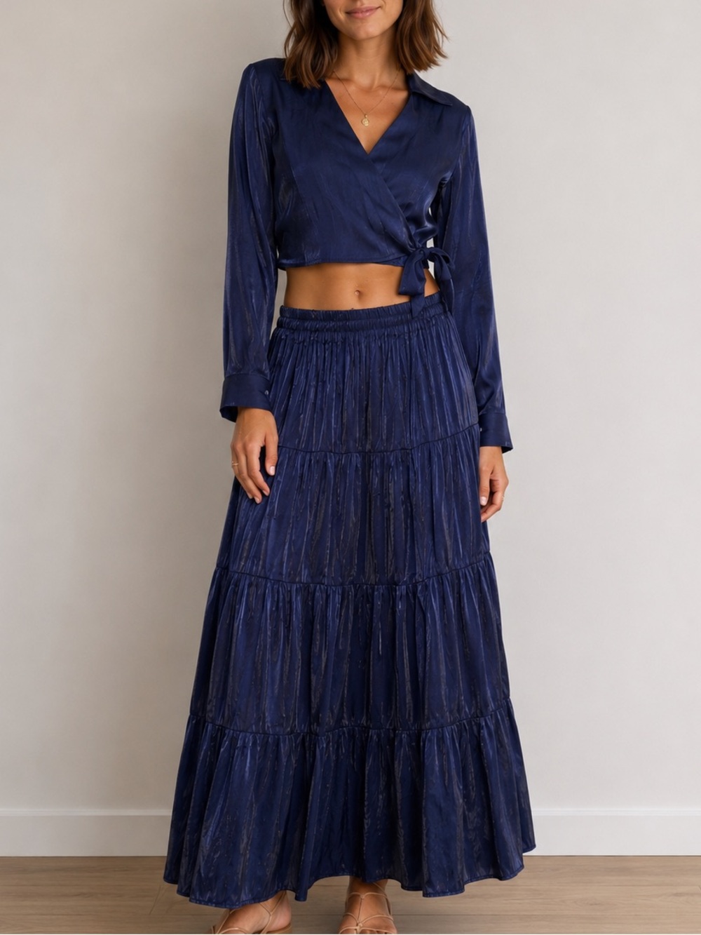 Vintage Banjo Navy Blue Crinkle Tiered Maxi Skirt & Wrap Top Set Small USA Made
